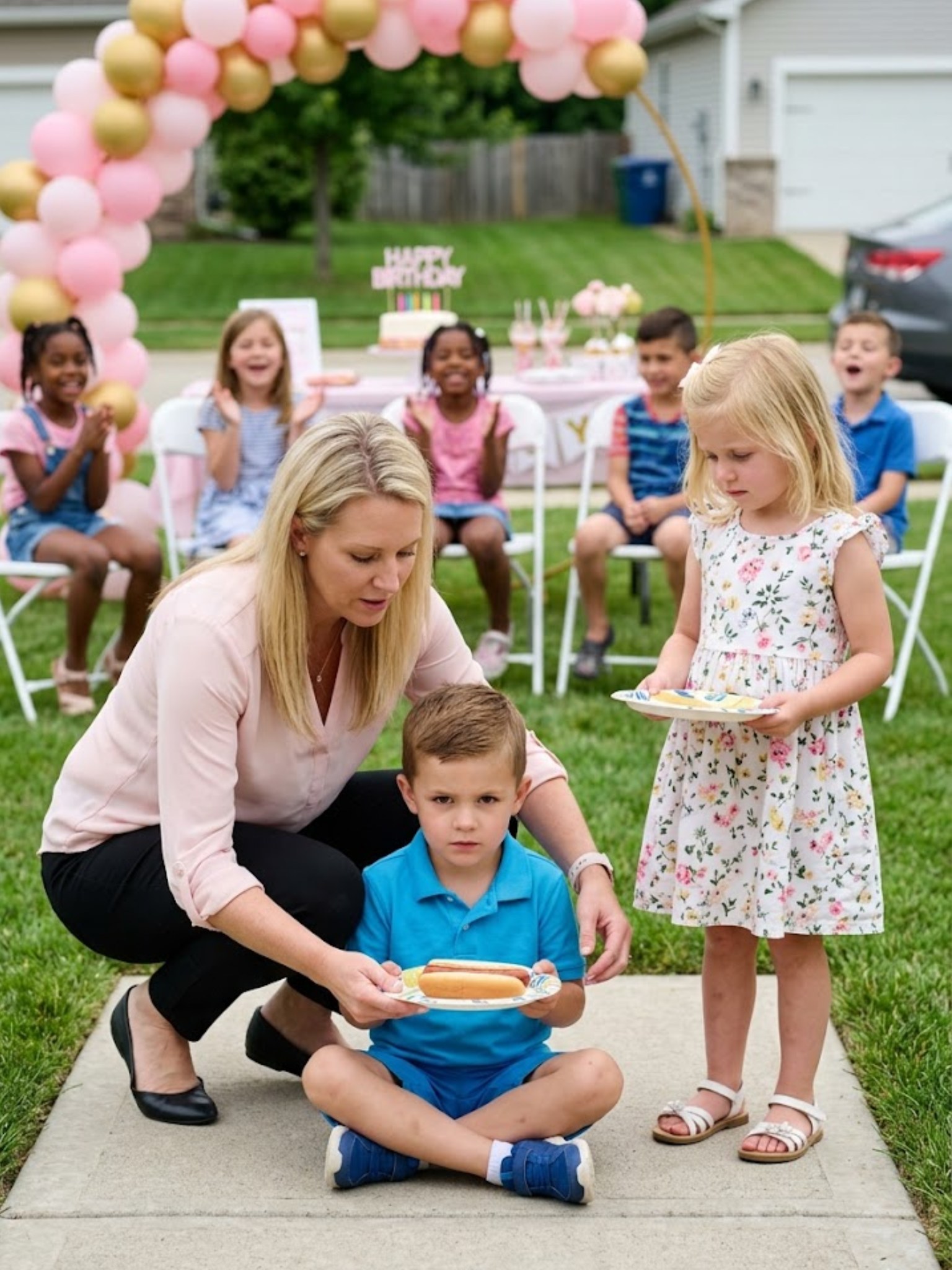 At My Niece’s Birthday Party, I Walked Through My Mother-in-Law’s Gate and Found My Son Sitting on the Ground Beside the Trash Cans, Balancing a Paper Plate on His Knee While His Cousin Sat Under a Pink-and-Gold Balloon Arch With a Three-Tier Cake, a Decorated Table, and Every Other Child Laughing Around Her - News