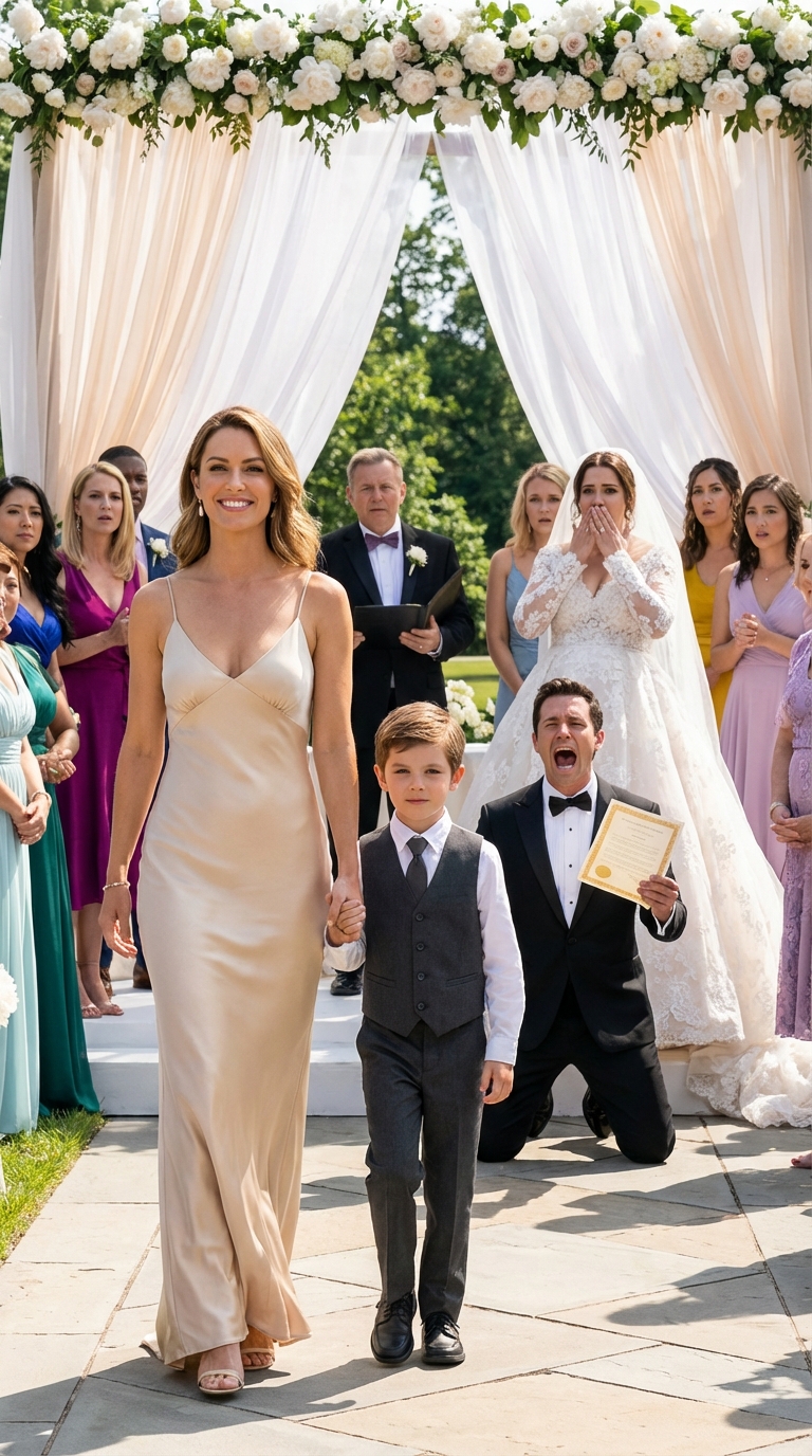 Ten years after dumping us like yesterday’s garbage, my ex-husband invited us to his lavish wedding just to gloat. In the middle of his speech, he patted his new bride’s pregnant belly and roared, ‘Finally, a real heir! Leaving that trash behind was the best decision I ever made!’ The crowd erupted in laughter. My son stood up calmly and handed him a gold envelope. ‘Congratulations, Dad. But the doctor just resent your results from ten years ago.’ The moment he saw the words… his scream silenced the entire room.