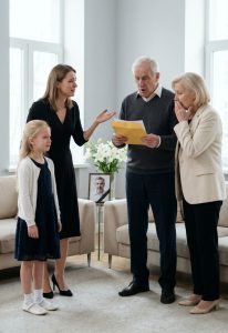 I called my parents to say my husband had d.ie.d, but they were too busy celebrating my sister’s birthday. Days later, they showed up demanding half his inheritance—until my 8-year-old daughter handed them an envelope that made their hands shake.